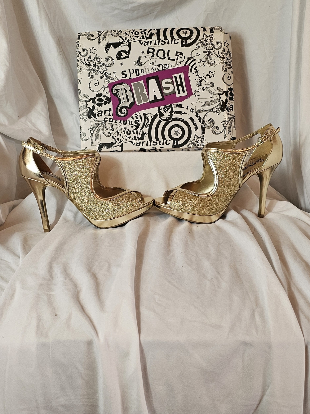 BRASH Gold Glitter Peep-Toe High Heel Sandals - Women's